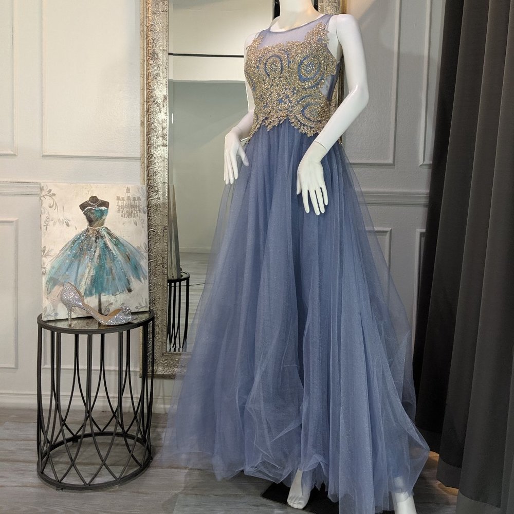 Blue & Gold Formal Evening Prom Dress Gown